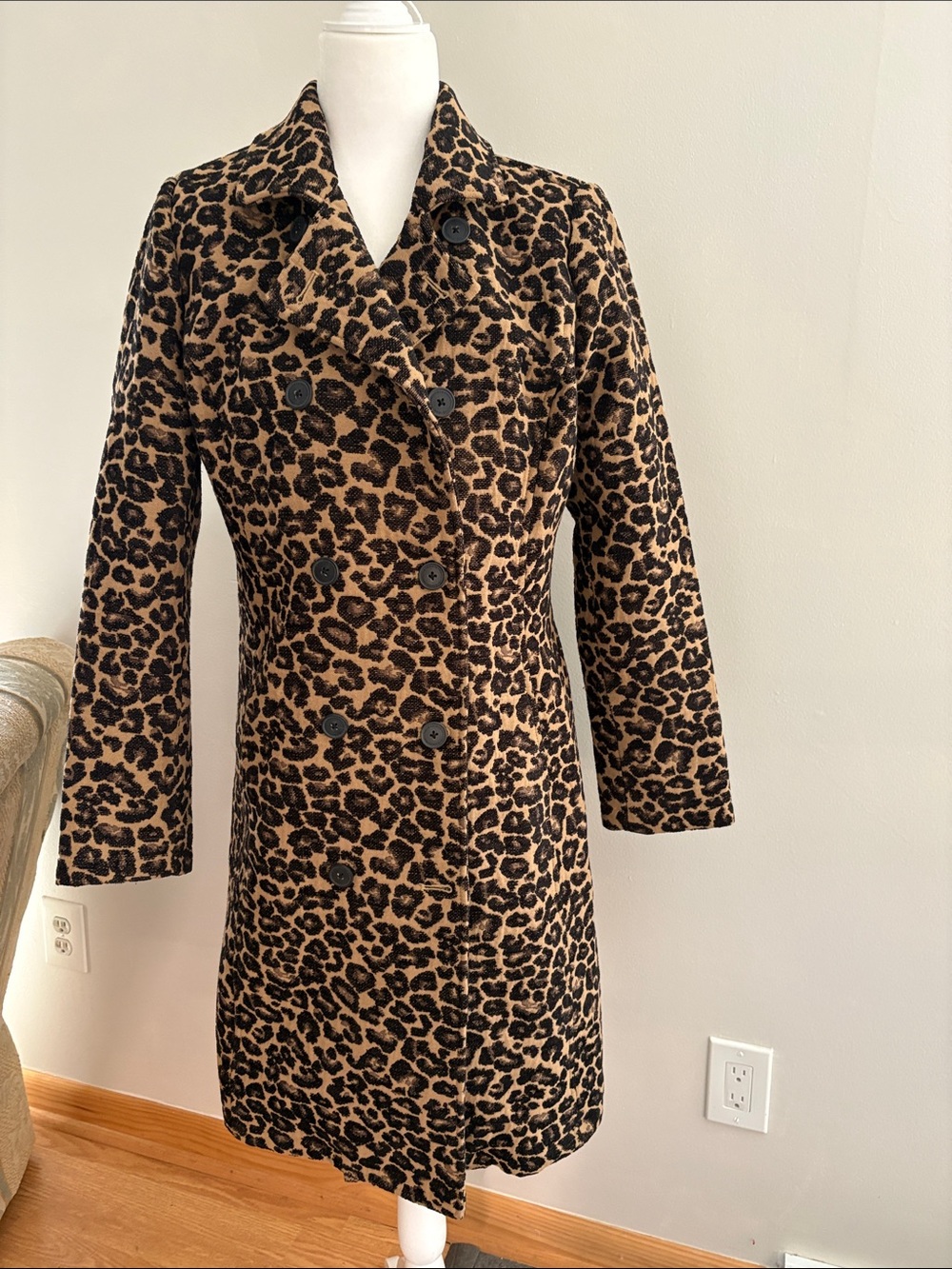 Isaac Mizrahi Leopard Print Double-Breasted Pea Coat - Brown/Black